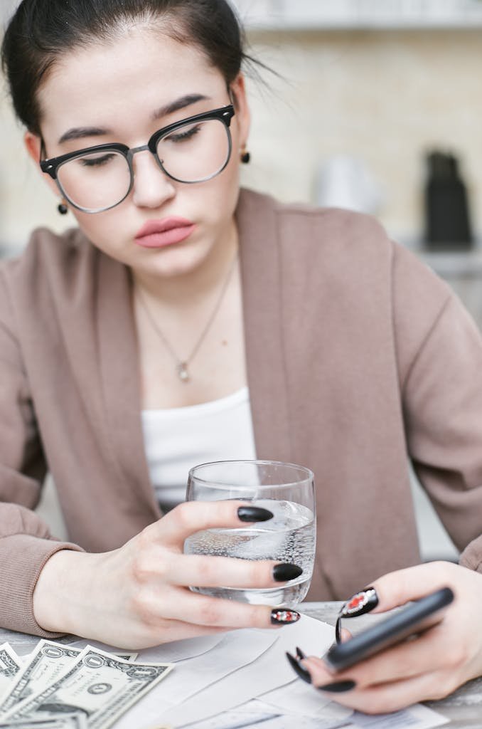 Focused woman looking at smartphone indoors, holding a glass of water with dollar bills on the table.