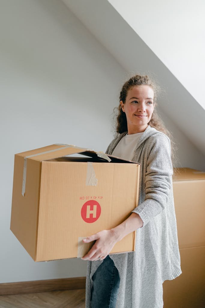 Dreamy female in casual clothes standing with big cardboard box in attic style room and looking away in daylight
