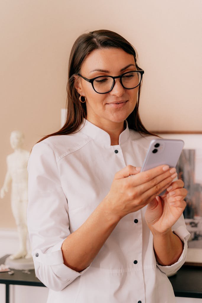 Professional woman in glasses using a smartphone indoors with art in the background.