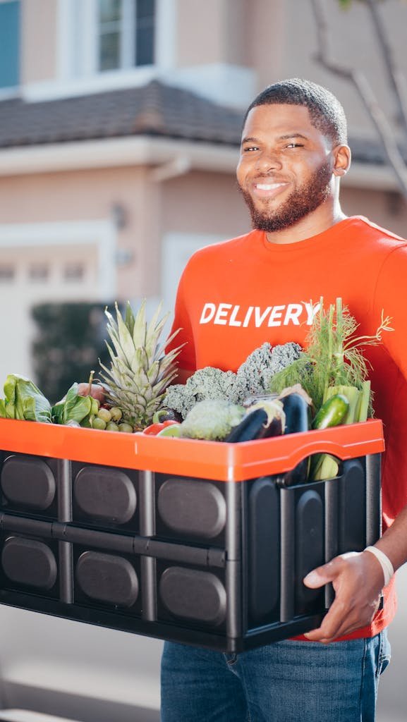 A deliveryman in a red shirt delivering a crate of fresh vegetables outdoors.
