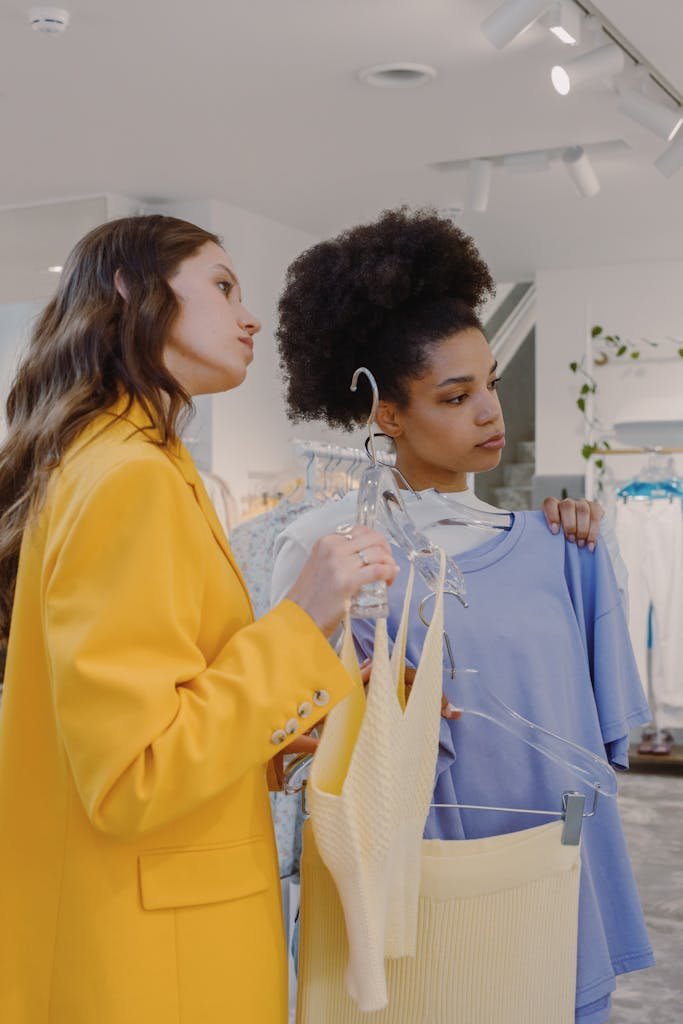Two women shopping for trendy outfits in a chic fashion boutique.