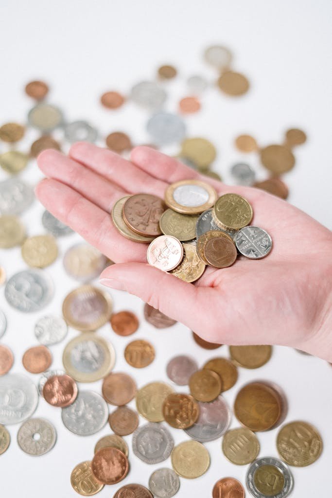 A hand holding a variety of coins with more scattered on a white surface, symbolizing currency and finance. End of Year Money Audit